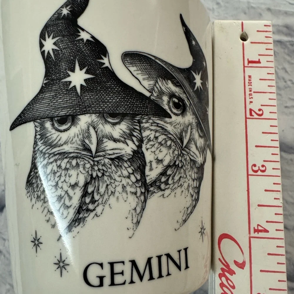 Williams Sonoma large mug Gemini, black and white with owl motif